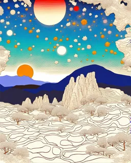 Many colors, peaceful, Egon Schiele, Max Ernst, night sky filled with galaxies and stars, rock formations, trees, flowers, one-line drawing, sharp focus, 8k, deep 3d field, intricate, ornate, one million strokes