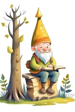 Children illustration a fun gnome sitting on a trunk as wc, in forest wood