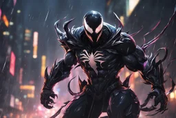Venom in 8k solo leveling shadow artstyle, white fox them, close picture, rain, Shredder helmet, neon lights, intricate details, highly detailed, high details, detailed portrait, masterpiece,ultra detailed, ultra quality