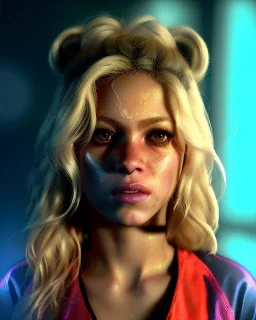 portrait, Shakira, blonde artist, angry, Realistic image, MMA robe, hoodie, mouthguard, nose, band aid, loose long hair, eyes make up, perfect, glow, circle iris. Rain, fog, Neon colors, leds. Dark background, photo studio, neon lights. concept art, smooth, unreal engine 5, god lights, ray tracing, RTX, lumen lighting, ultra detail, volumetric lighting, 3d, finely drawn, high definition, 4k.