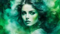 collage, old paper, slightly worn edges, alcohol ink, hyperdetail, portrait of a translucent woman surrounded by a rich dark green background with a slight mist and otherworldly glow, which creates a dreamy and ethereal atmosphere, Anna Razumovskaya, Anna Dittmann, Luis Royo