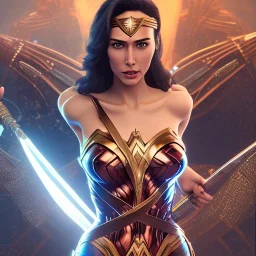 Wonder woman posing in front of a mirror holding a large sword, futuristic design, a paradise in background, close-up face, geometric armor, female face, 3d unreal engine, black face, close up armor, church detail, lovely face