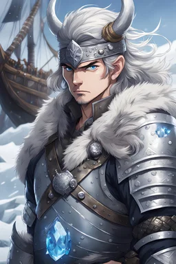 in anime style,1older man, a older man with blue eyes and black hair man in silver Viking armor with fur around the neck with blue crystal on his chest holding an axe in his hands standing on a pirate ship in the artic, warrior in anime style,