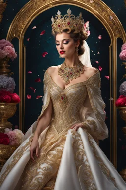 Photography realistic Beautiful Queen wearing a magical gown of swirly flowing marble water gold filigree curlicues, flowering flowers, bloom, sparkle, ornamental gilt, diamonds, rubies, emeralds, sapphires, beautiful, delicate, intricate, elegant, graceful, shiny, Hyperrealism, Rococo, expressive, spherical, zoom out, volumetric lighting