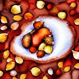 watercolor of tiny acorn covered in snow, warm colors, soft lighting, snowdrift