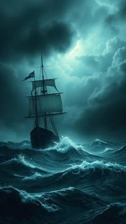 Mourning in dephts of ocean with a sailing ship in a storm