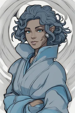 Drawing of Korra the Avatar as a female Moonelf twilight cleric with black, very curly, very short hair and blue eyes, wearing gray robes. Etheral, muscular.