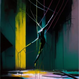 Minimal abstract oil painting of a person limbs sinew. in concrete warehouse brutalist architecture and hanging wires illuminated at night. With triadic colours. In the style of Justin Mortimer and Phil Hale, Ashley Wood