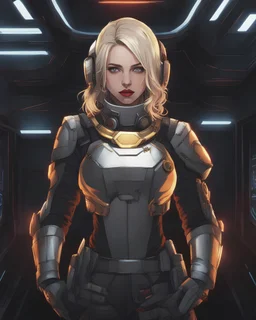 A girl with blond hair, intense golden red eyes, wearing Cyberpunk clothes,space helm cover her face uniform with her arms made of metal, against a dark background of inside a space station at night. detailed-eyes, details-face, details-lips,LuxuriousNeons Costume, silver dress,tape_clothes,tape,upshirt