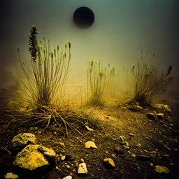 A striking quality Kodak Ektachrome E100 photograph captures a wasteland with a group of plants, creepy, details of the dust very accentuated, glossy organic mass, adorned with minerals and rocks. Bathed in intense light, eerie, Max Ernst style, black sun, fog