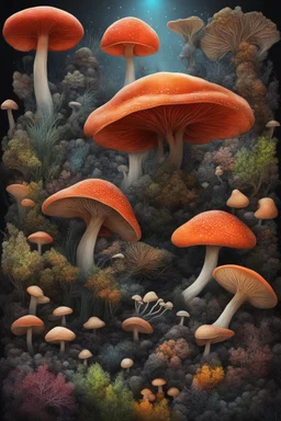 Exotic Flora, fauna, mushrooms, fungi and coral at the End of the Multiverse, rising from a black liquid surface.