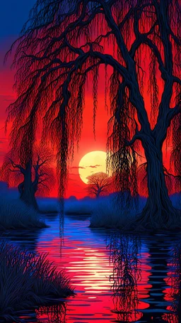 Glowing weeping willows, haunting blue and red sky, biopunk, trippy, spooky, stunning environment, beautifully lit, insanely detailed, best quality