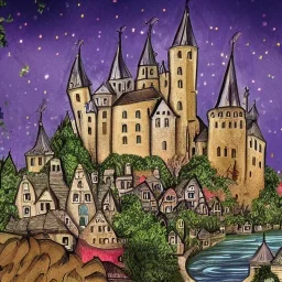 A magical gothic little town of witches with a castle and canals Nick Harris style