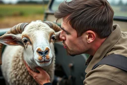 a portrait of a broken head mechanic, kissing a hybrid mixed body part sheep, fixing (close up old land rover 4x4) in the countryside