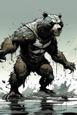Bear, black liquid, full body, attacking, profile ,comic book, post-apocalypse, gray background,