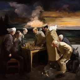 Putin, President Xi Of China And Joe Biden Play Chess With Atomic Bomb Mushroom Cloud,Complex Surgical Instruments Intermixed With A Newborn Boy,Minimalism,Painting By Adrian Ghenie,Rene Magritte,Pablo Picasso,Michelangelo,Salvador Dali,Lucian Freud