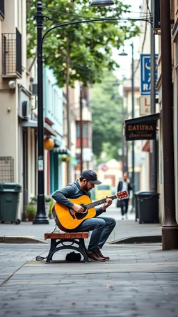 background is random street. side view. random view angle. random street guitarist random the guitar player is sitting on a bench.