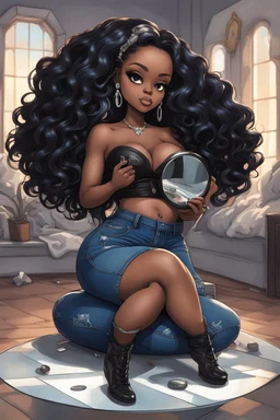 Create a futurism magna art of a black chibi curvy female sitting on the floor looking at herself in a hand mirror. She is wearing tight blue jeans and a black off the shoulder blouse. Prominent make up with lush lashes. Highly detailed long wavy hair. She is also wearing silver large hoop earringsart of a black chibi curvy female sitting on the floor looking at her cell phone. She is wearing tight blue jeans and a black off the shoulder blouse. Prominent make up with lush lashes.