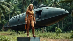 A photorealistic image of an adventurous 52-year-old lady , slender, from the future, dressed in a tailored, full-body spacesuit, stands next to her huge, wide, wingless cargo spaceship. Her uncombed, blond hair has bangs. Standing on a metal box in a jungle clearing.