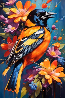 vibrant and energetic painting featuring a Baltimore Oriole a side profile, adorned with an array of colorful flowers. The bird's eyes are detailed and expressive, capturing its lively spirit.