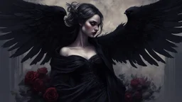 a woman in a black dress with a raven on her shoulder, cgsociety contest winner, gothic art, black angel wings, dark and muted colors, beautiful details, premium prints available, draped in velvet and flowers, embracing, edited, immaculate detail, stunning details, mourning, dark fantasy, dark colors, Luis Royo & Raymond Swanland & Alyssa Monks & Anna Razumovskaya