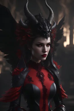 3d, unreal engine, beautiful female demon, dark wings, black lipstick, red eyes, wing, 2 horn, tail, red dress