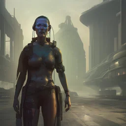 cyberpunk saggy granny woman, abandoned sci-fi town, future, sci-fi