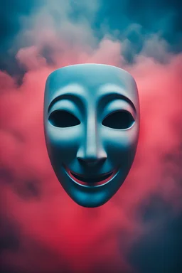 double upside down anonymous pale smiling mask floating in sea of blue and red mists