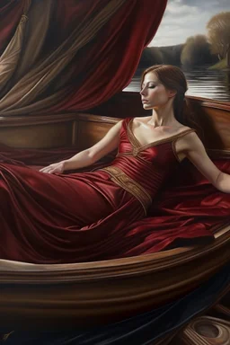 Oil painting A woman lies in a boat and next to her the king reclines and looks at her wearing a dark red dress exposed from above in the ancient era Photorealistic