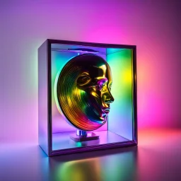 close up metallic head in mirror box with swirling rainbow tinted light