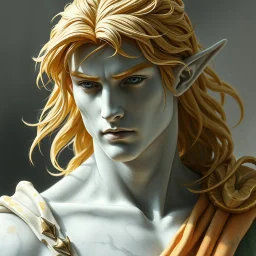 fantasy, dramatic portrait, marble statue of an elf male, marble skin, watercolour, golden hair, warrior, mighty, righteous