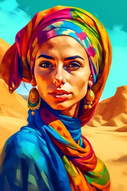 Portrait of Arabic woman in colourful turban on the desert painted in art noveu style