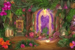 Lilith, Goddess, tropical flowers, heart chamber, crystals, tropical leaves, sacred altar, old temple. Fantasy house.