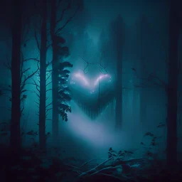 fog in the forest at night with an electric heart