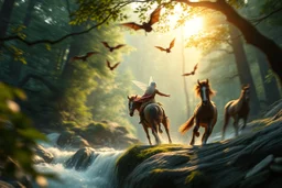 volumetric light, oil painting ,evening and motion blur running caped long haired pixie Quickling - Forgotten Realms dodging flying bats above water fall and along winding branches in lush green forest along speeding horses , bokeh like f/0.8, tilt-shift lens 8k, high detail, smooth render, down-light, unreal engine, prize winning