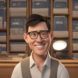 a portrait of smiling man. approximately 49 years old caricature. black short dark hair. light brown skin. black eye pupils. circle eyeglasses, thin gold frame. rectangle face shape. white shirt with black vest. pixar style. 3D. 4k. portrait. highly detailed. sharp focus. high resolution. full color. cinema lighting