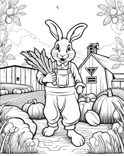 B/W outline art,coloring book page, full white, super detailed illustration for adult, "farmer rabbit : spooky rabbit holds a carrot in his hands", crisp line, line art, high resolution,cartoon style, smooth, low details, no shading, no fill, white background, clean line art,low background details, Sketch style.