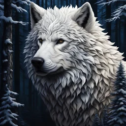 titan wolf, detailed unusual pattern white fur, realism, forest background, midnight