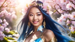 Portrait of a gorgeous smiling asian goddess with a golden dark skin, long smooth clear blueish hair, blue eyes, in a sci-fi outfit with luminous strikes in a hill of flowers with sakura trees, a small torrent, loads of mini flowers, moss, sun rays through the branches, particles in the air at spring