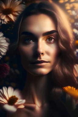 Vista frontal de um adorável mulher , fundo de flores, fotografia 8K, extremamente detalhada, HD, fotografia humana, iluminação cinematográfica, contraste suave