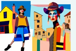 whimsical arafed nonsense, patchwork vibe, acrylic and ink painting of a cozy village main street on undulating hills with color (((minimal))) sketches of village people with (((extremely long limbs))), (((oversize head))), sharp color contrasts, amazing shadows, (((exaggerated limbs and head))), minimal cozy, warm palette, bright bold warm summer colors, color leak, sparse bright orange-red splinters, heavily distorted views, amazing parallels, amazing reflections