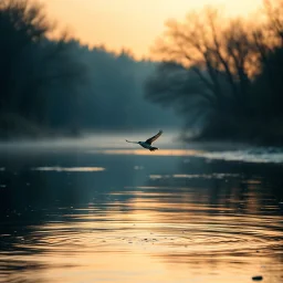 Hyper Realistic early morning (6:40 am) scene of a riverside where a beautiful small bird flying just few centimeters above the river water showing dramatic and cinematic ambiance.