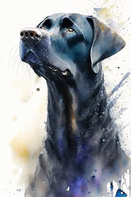 A portrait of black Labrador by Willem Haenraets, watercolor, wet on wet and splattering techniques, centered, perfect composition, abstraction, surrealism