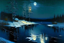 Night, Moon, distant mountains, pine trees, lagoon, lagoon reflections, winter, ice, snowy land, lesser ury and otto pippel impressionism paintings