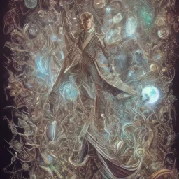 david bowie, white owl feather fancy clothes, Jim Henson's The Labyrinth, Jareth the goblin king, 3 crystal ball in hand, wearing spandex grey leggings with a crotch bulge, labyrinth illusion stairs, broken floating world and space in background, floating music notes and cursive writing