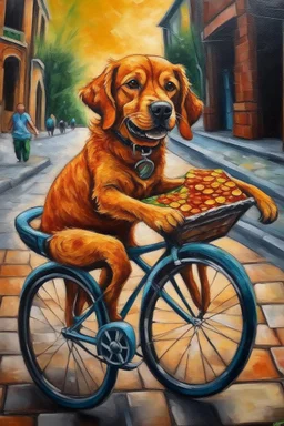 oil painting with a dog biking with a pizza