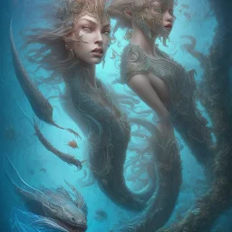 sango fantasy, fantasy magic, intricate, sharp focus, illustration, highly detailed, digital painting, concept art, matte, artgerm and paul lewin and kehinde wiley, masterpiece sexy lips Hawaiian afro lips black African lady body mermaid Dragonfish head blue space lady sea under water mermaid seaweed pyramid