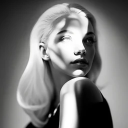 Mujer rubia iluminada, retrato medio cuerpo, iluminada potentemente desde el lado derecho, blanco y negro vaporoso, peinado a lo Verónica Lake al estilo del fotógrafo Hugo Alonso