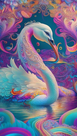 a psychedelic swan in a colorful wonderland