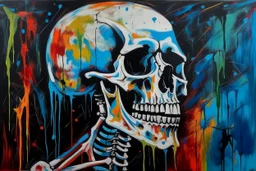 crying skeleton, deep emotions, neo-expressionism, acrylic paint